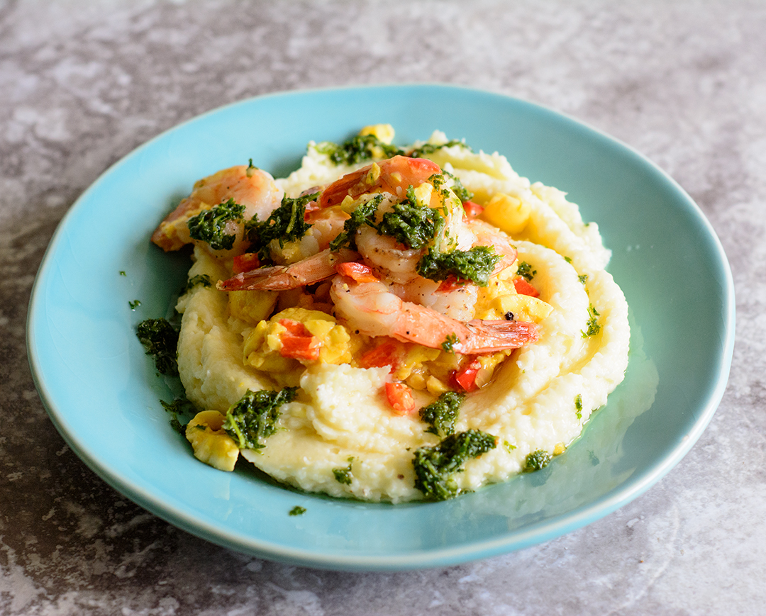 Garlic-Shrimp-with-Ackee-Saute-over-Creamy-Coconut-and-Ackee-Grits-front-shot